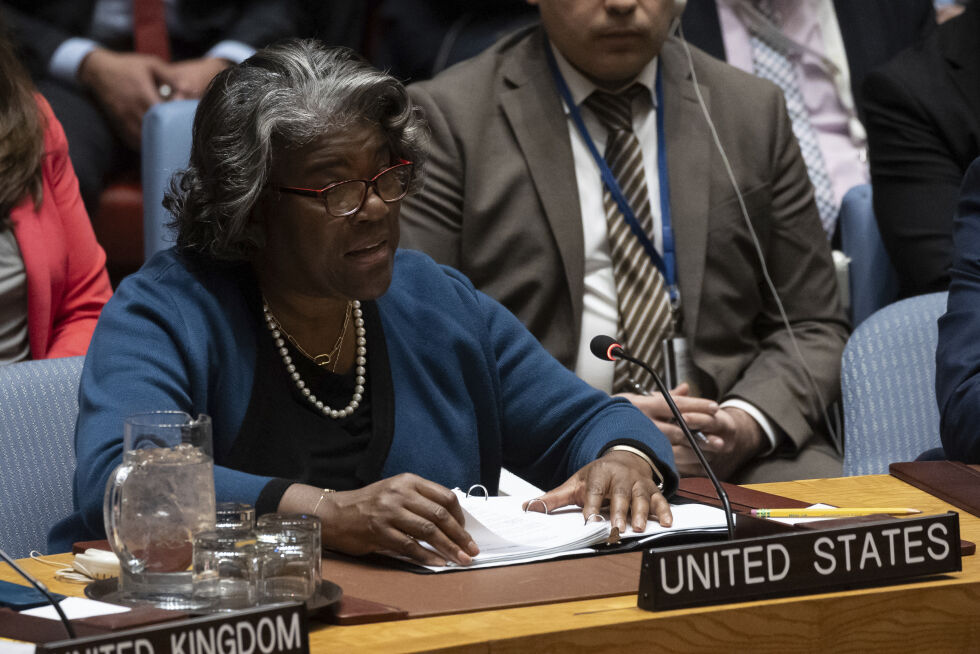 USAs FN-ambassadør Linda Thomas-Greenfield var tydelig skuffet over Kina og Russland i Sikkerhetsrådet fredag 22. mars 2024.
 Foto: AP Photo/Yuki Iwamura/NTB.
