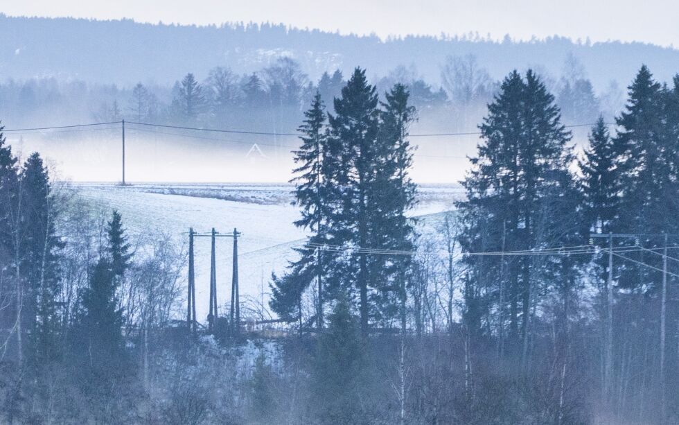 Strømkabler strekker seg gjennom vinterlandskapet ved Vormsund.
 Foto: Håkon Mosvold Larsen / NTB
