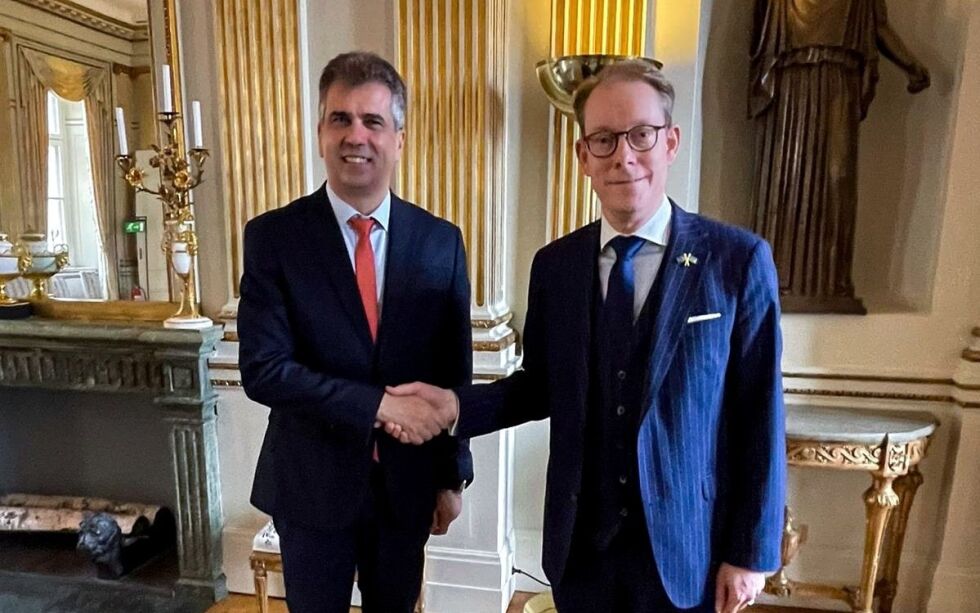 Israel og Sveriges utenriksministre, Eli Cohen og Tobias Billström, i Stockholm.
Foto: Israels ambassade i Sverige