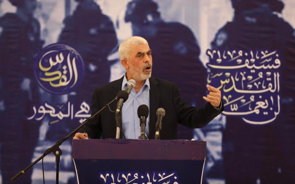 Leder for terrororganisasjonen Hamas, Yahay Sinwar taler til sine følgere på Gazastripen. Arkivbilde.
 Foto: Majdi Fathi/TPS