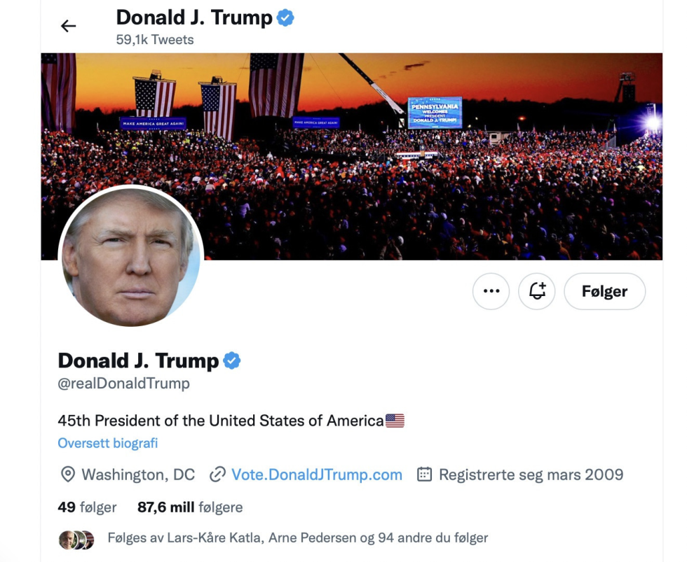 Tidligere president Donald Trump sin konto på Twitter er gjenåpnet.
 Foto: Skjermdump Twitter