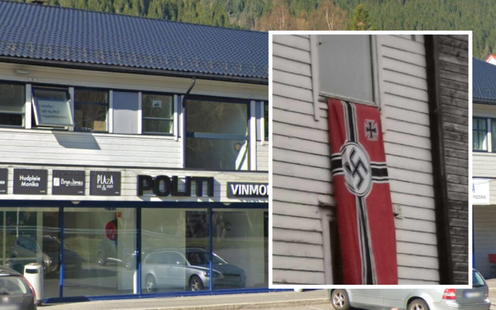 OSTERØY POLITISTASJON: Det ble flagget med et nazi-flagg fra en bolig på Osterøy 19. april. Politiet er kjent med saken, men det foreligger ikke en anmeldelse.
 Foto: Skjermdump Google Streetview (april 2023)/Tipser (innfelt)