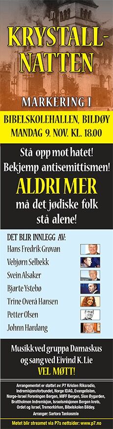 Bred markering av Krystallnatten i Bibelskolehallen på Bildøy