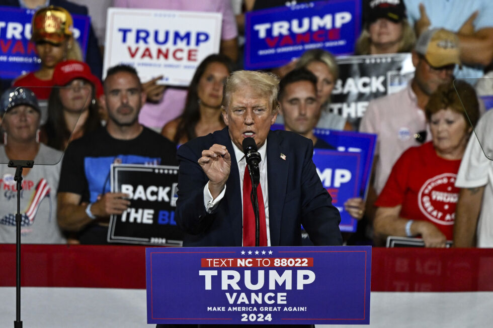 Den republikanske presidentkandidaten tidligere president Donald Trump talte på et valgkampmøte i Charlotte, N.C., onsdag 24. juli 2024.
 Foto: AP Photo/Matt Kelley
