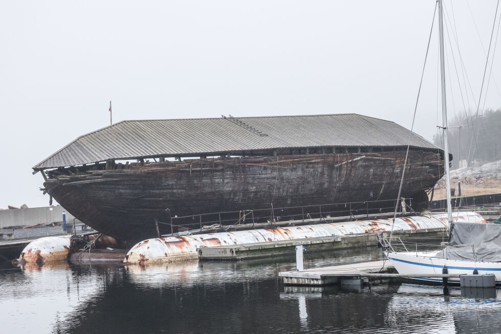 HJEMME IGJEN: Polarskipet Maud ligger nå kai ved Oslofjorden på Tofte i Asker kommune.
 Foto: Eli Bondlid