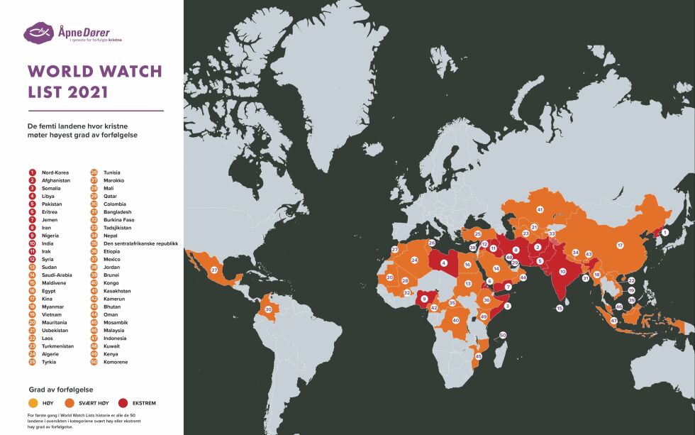 World Watch List gir en oversikt over de 50 landene hvor forfølgelsen av kristne er sterkest. 309 millioner kristne rammes av høy eller ekstrem grad av forfølgelse i disse landene, en oppgang på nesten 50 millioner fra året før.
 Foto: Skjermdump.