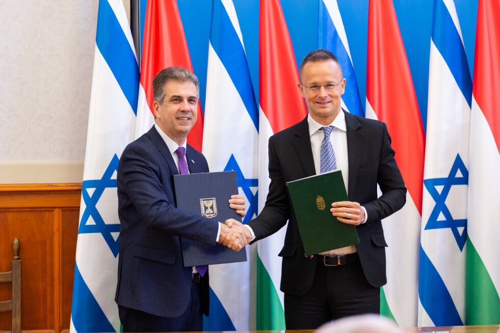 Ungarns utenriksminister Péter Szijjártó tok imot Israels utenriksminister i Budapest onsdag 31. mai.
 Foto: GPO