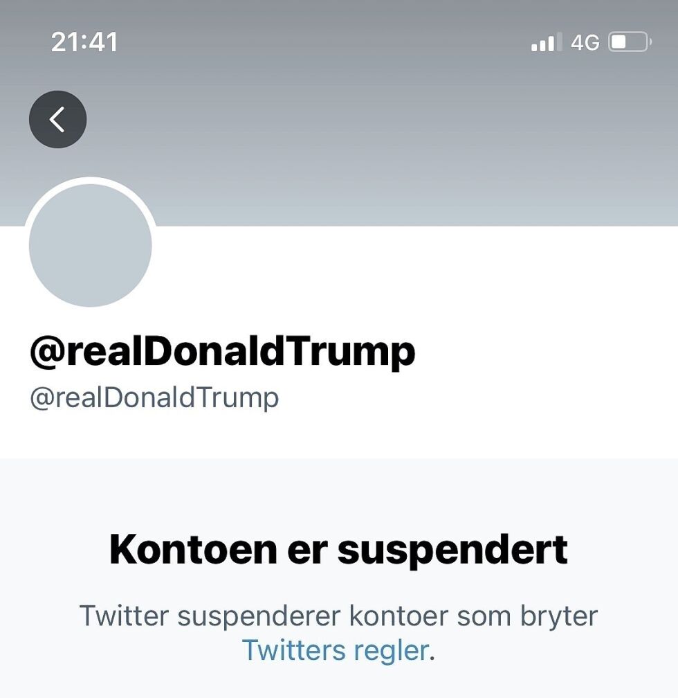 Natt til lørdag 9. januar bestemte Twitter å stenge president Donald Trumps konto grunnet «ytterligere opphissing til vold».
 Foto: Skjermdump / Twitter