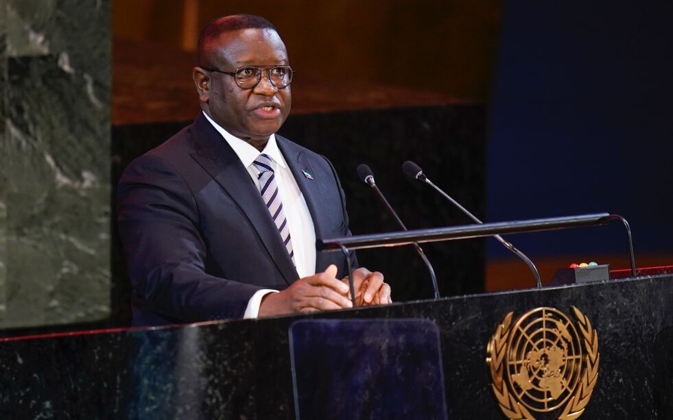 PRESIDENT I SIERRA LEONE: Julius Maada Bio under en tale i FNs hovedkvarter 19. september 2022.
 Foto: Foto: AP Photo/Jorge Saenz/NTB
