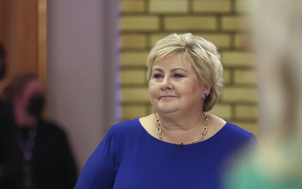 Statsminister Erna Solberg (H) under partilederdebatten på Stortinget natt til tirsdag.
 Foto: Beate Oma Dahle / NTB