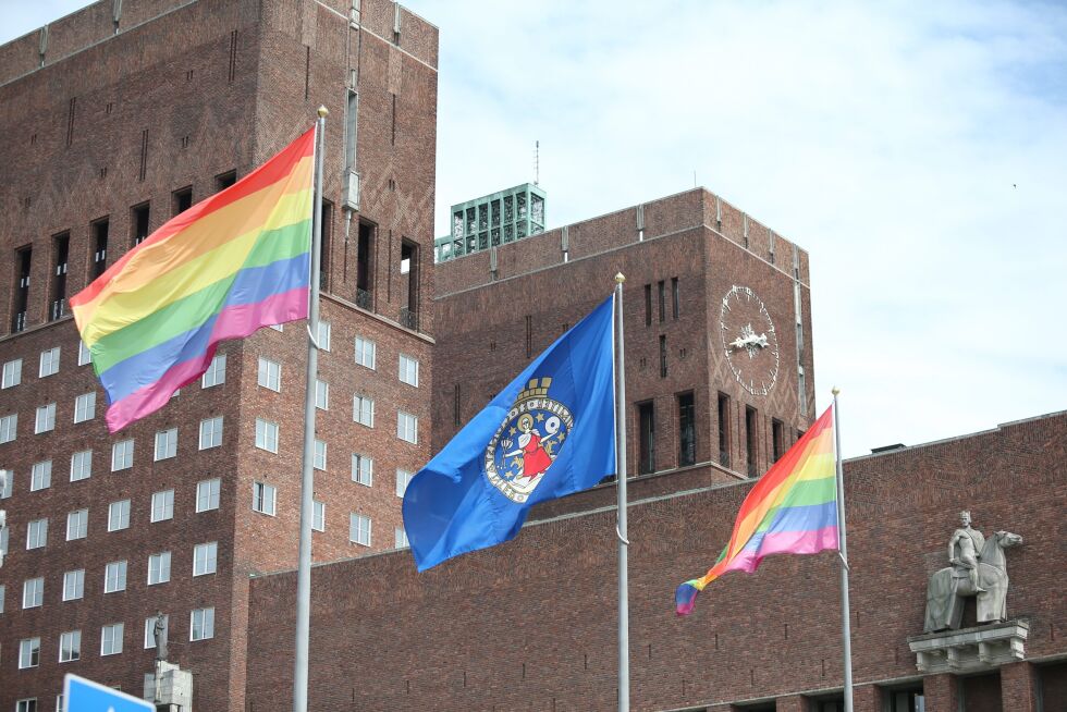 Homoflagg: – At en liten særinteressegruppe som homolobbyen skal ha sitt eget flagg på all slags offentlige bygninger, er helt absurd, mener Trine Overå Hansen. Bilde av Oslo rådhus.
 Foto: NTB scanpix
