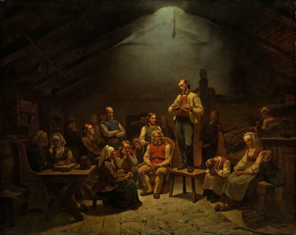 Hans Nielsen Hauge satte store spor etter seg. «Haugianerne» ble sentrale personer både i verdslig og åndelig virksomhet mange steder. Her er de avbildet av Adolph Tidemann i maleriet Haugianerne.
Foto: Nasjonalgalleriet / Wikimedia