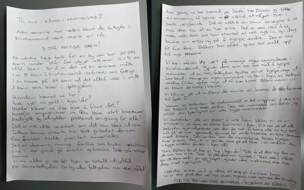 FIKK TO MILLIONER I GAVE: Et håndskrevet, usignert brev takker Blåkors «for at dere gir håp i byen vår».
 Foto: Blå Kors Kristiansand / Facebook