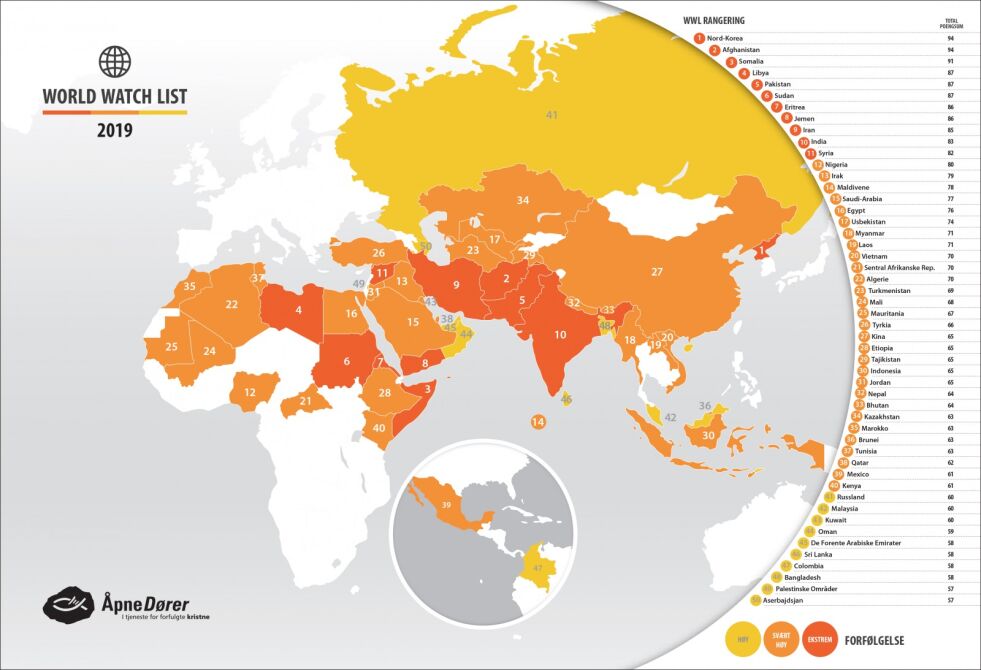 KARTET: Dette er de 50 landene i verden der det i 2018 har vært farligst og vanskeligst å leve som kristen. Grafikken er laget av Åpne Dører.