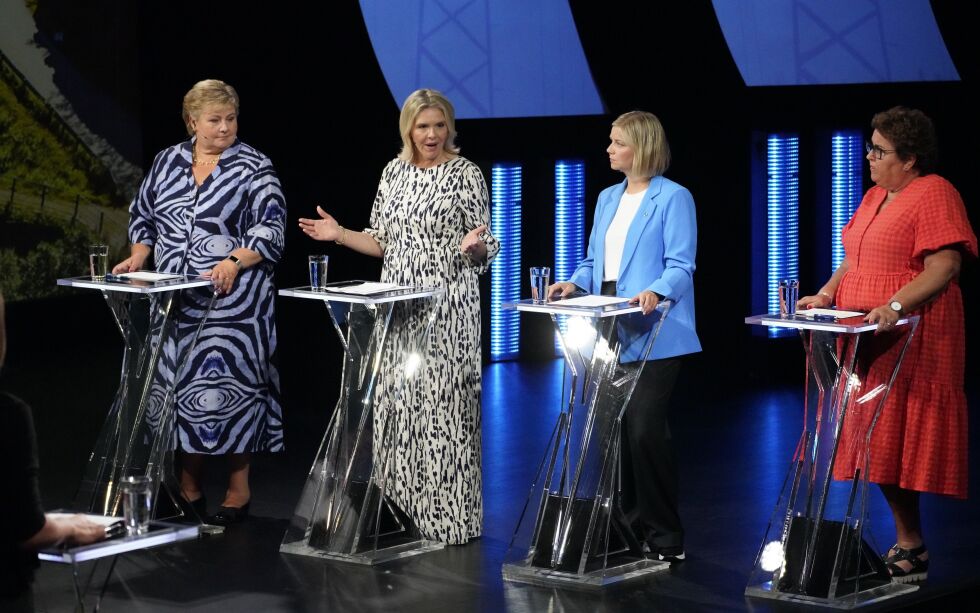 Erna Solberg (H), Sylvi Listhaug (Frp), Guri Melby (V) og KrFs Olaug Bollestad på NRKs direktesendte partilederdebatt i Arendal. Illustrasjonsbilde.
 Foto: Ole Berg-Rusten / NTB