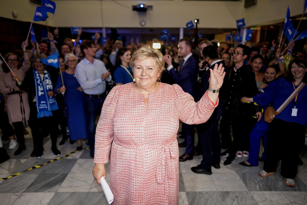 Erna Solberg på Høyres valgvake på Høyres Hus i Oslo under kommunevalget 2023 mandag kveld.
 Foto: Heiko Junge / NTB