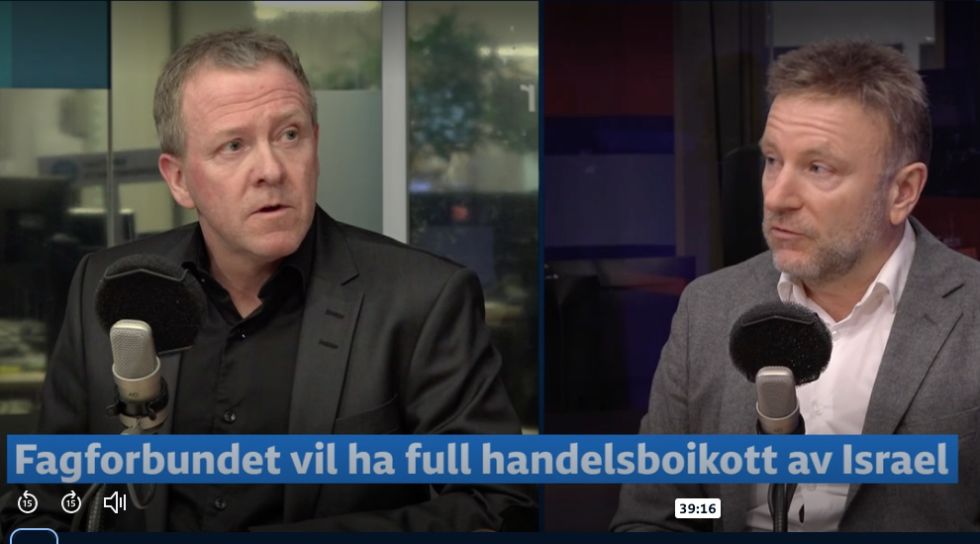 Fagforbundets Svend Morten Voldsrud møtte Dagen-redaktør Vebjørn Selbekk i debatt om boikott av Israel i Dagsnytt 18.
 Foto: Skjermdump Dagsnytt 18