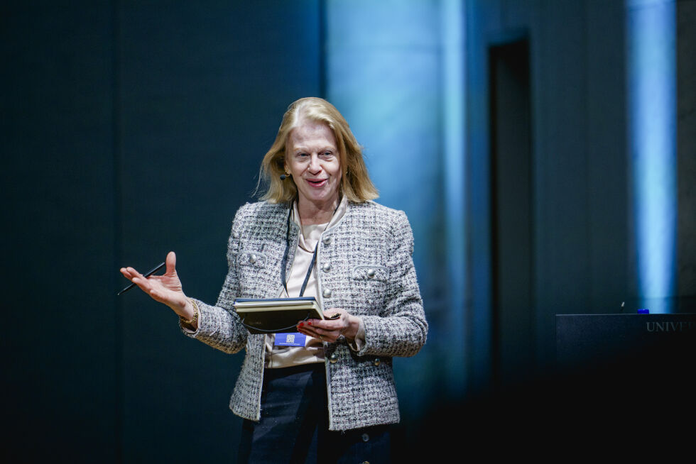 Janne Haaland Matlary, professor i internasjonal politikk ved Universitetet i Oslo, på Leangkollen sikkerhetskonferanse i Universitetets aula 5. februar 2024.
 Foto: Stian Lysberg Solum / NTB