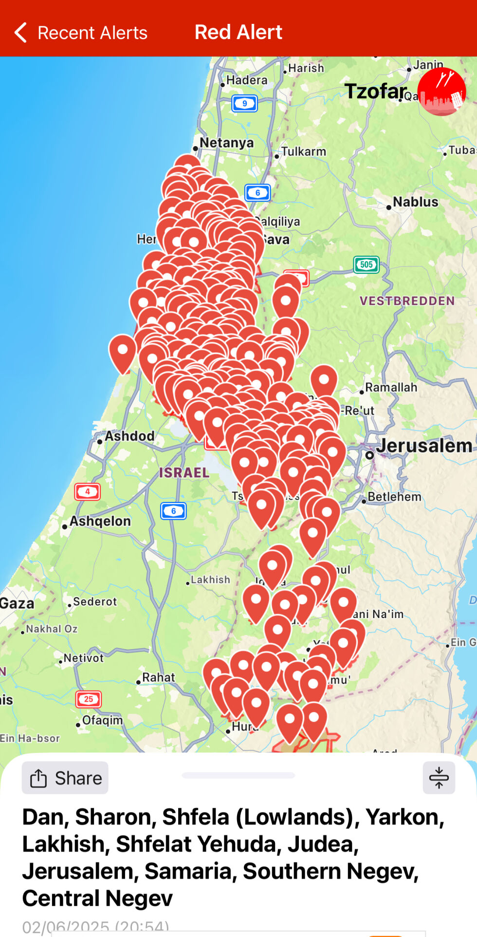 Mandag kveld var det alarmer over hele det sentrale Israel.
 Foto: Skjermdump Tzofar