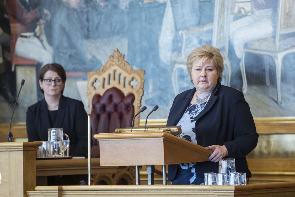 Statsminister Erna Solberg på talerstolen på Stortinget tirsdag. Foto: Vidar Ruud / NTB scanpix