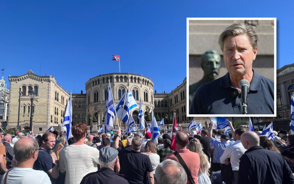 Christian Tybring-Gjedde (FrP) talte på den store markeringen for Israel foran Stortinget forrige helg.
 Foto: Aso Qaderi/Collage Norge IDAG