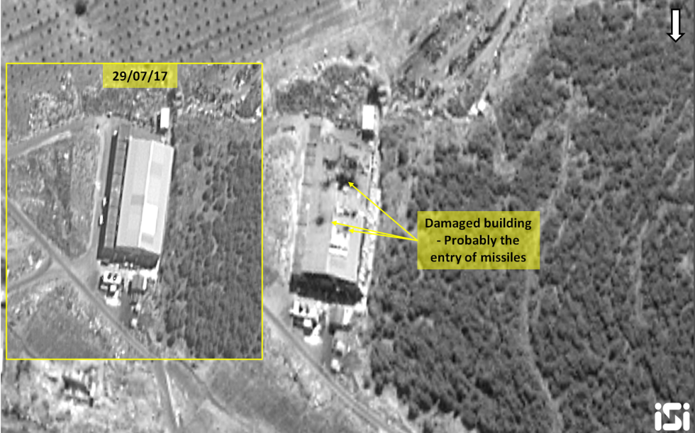 SYRIA: Dette satellittbildet viser ødeleggelsene på en militærbase i Syria som ifølge etterretning produserer både presisjonsstyrte missiler og kjemiske våpen. Foto: ImageSat International