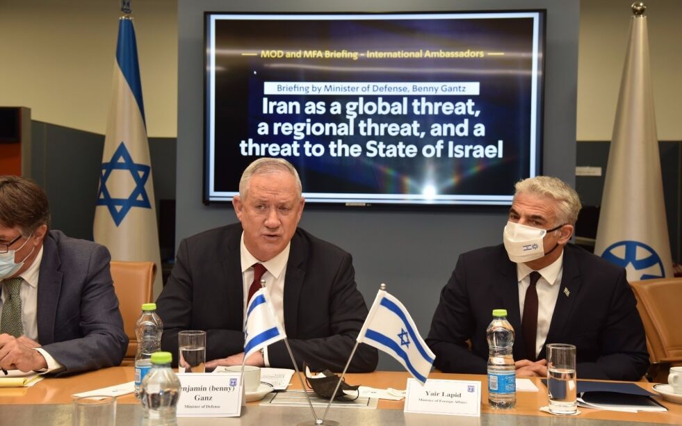 Israels forsvarsminister Benny Gantz og utenriksminister Yair Lapid informerte FNs sikkerhetsråd om trusselen fra Iran.
 Foto: Israels utenriksdepartement