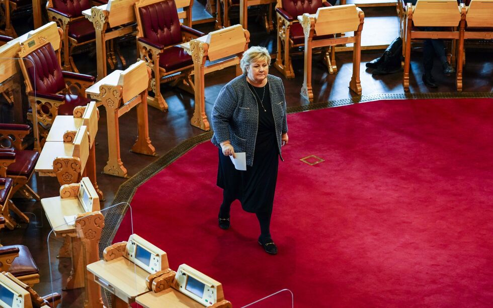 Statsminister Erna Solberg (H) sa i Stortinget onsdag at gjenåpningen av det norske samfunnet kommer til å gå trinnvis og forsiktig fram.
 Foto: Torstein Bøe / NTB