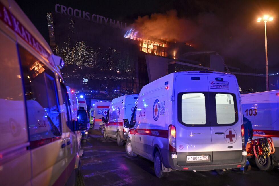 Forrige uke ble konserthallen Crocus City Hall angrepet av væpnede menn. Minst 140 mennesker ble drept.
 Foto: Dmitrij Serebryakov / AP / NTB