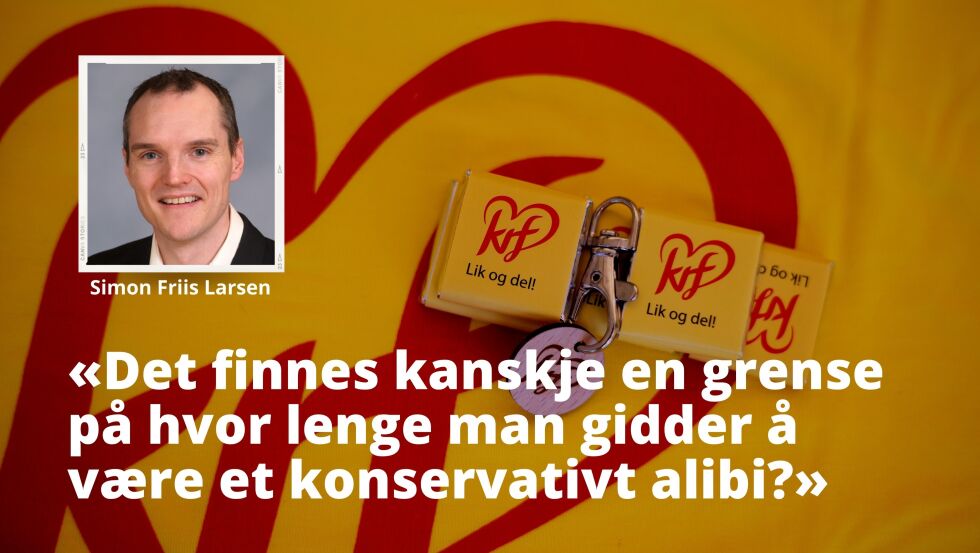 KrF-lokalpolitiker Simon Friis Larsen (innfelt) kritiserer toppene i KrF for manglende tydelighet.
 Foto: Trond Reidar Teigen / NTB og privat