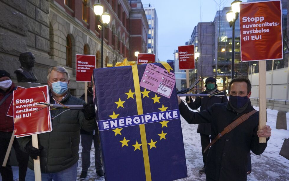I januar aksjonerte Nei til EU utenfor Høyesterett, der det ble bestemt at Nei til EUs ACER-søksmål kunne prøves for domstolene.
 Foto: Ole Berg-Rusten / NTB