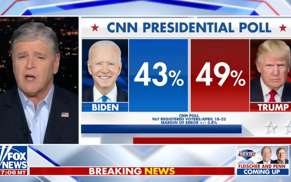 Donald Trump leder over Joe Biden på en ny meningsmåling.
 Foto: Skjermdump YouTube/Fox News