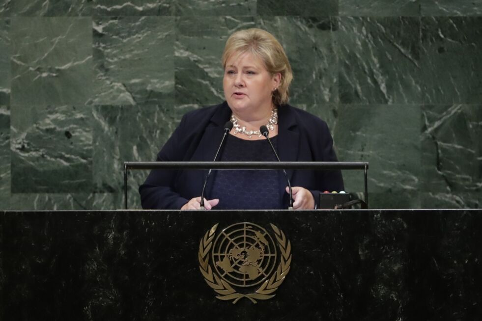 Statsminister Erna Solberg (H) holdt Norges hovedinnlegg i FNs hovedforsamling i New York onsdag kveld lokal tid. Foto: Frank Franklin II / AP / NTB scanpix