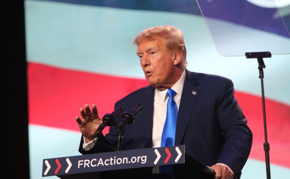 Donald Trump på talerstolen under Pray Vote Stand Summit i Washington, fredag 15. september 2023.
 Foto: Trine Overå Hansen
