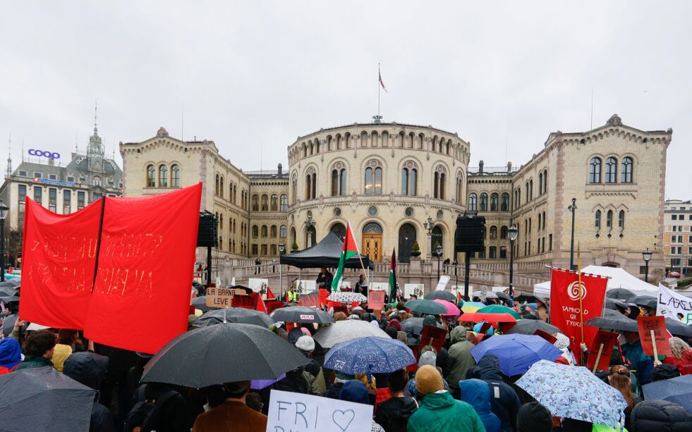 Et bredt spekter av demonstranter og aktivister har sluttet seg til markeringen i regnværet.
 Foto: Frederik Ringnes / NTB