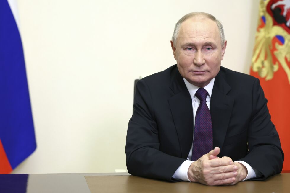 Russlands president Vladimir Putin i Moskva, lørdag 17. februar 2024.
 Foto: Alexander Kazakov, Sputnik, Kreml Pool Photo via AP/NTB.