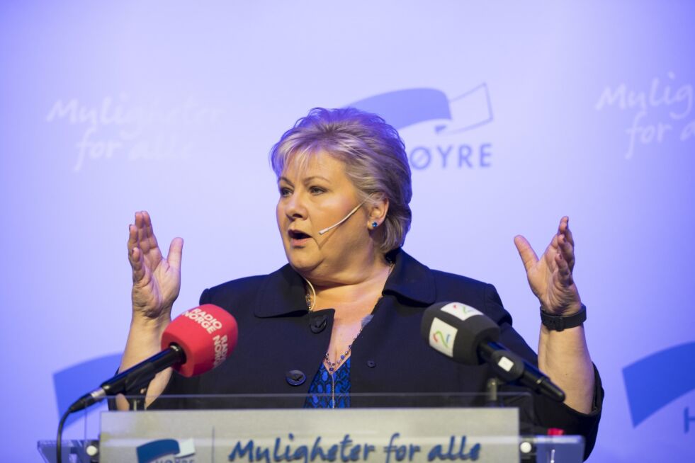 Statsminister Erna Solberg (H) talte til sentrale Høyre-folk i Oslo torsdag. Foto: Vidar Ruud / NTB scanpix