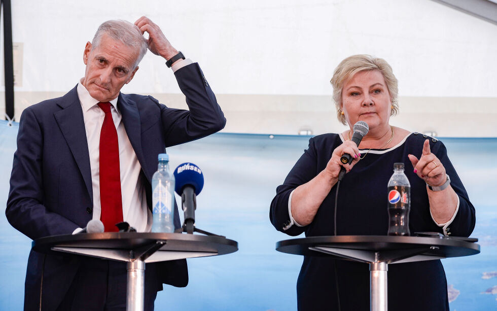 Høyre-leder Erna Solberg og statsminister Jonas Gahr Støre under debatt rundt 3-parts samarbeidet og den norske modellen i Stavanger. Arkivbilde.
 Foto: Carina Johansen/NTB