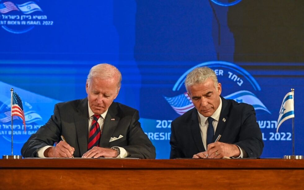 USAs president Joe Biden og Israels statsminister Yair Lapid undertegnet Jerusalemavtalen 14. juli 2022.
 Foto: Koby Gideon/GPO/TPS