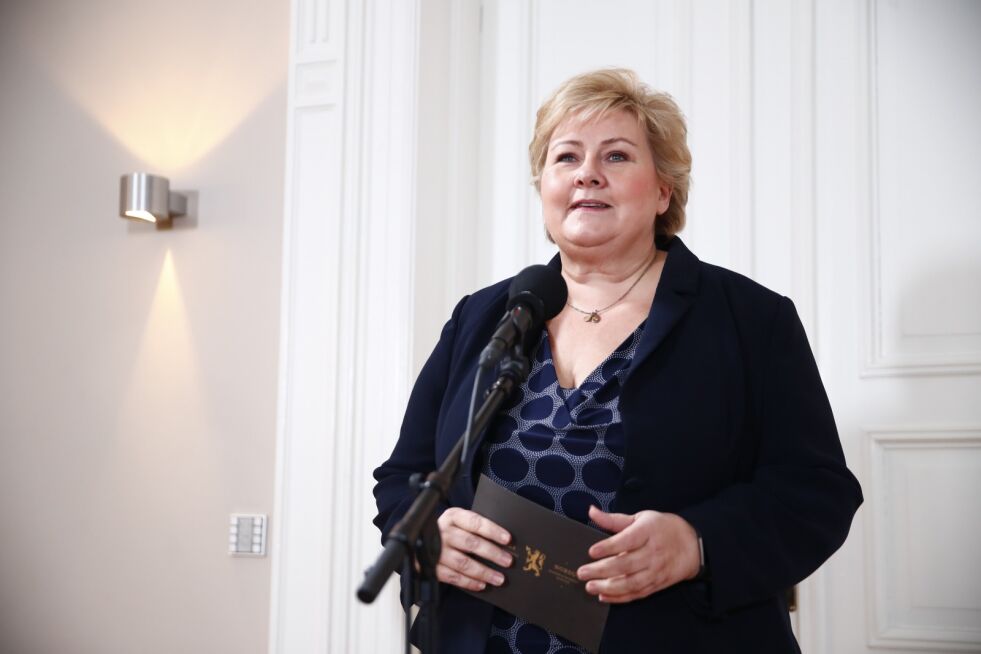 Statsminister Erna Solberg (H) kommenterte Olemic Thommessens (H) avgang som stortingspresident på en pressekonferanse torsdag ettermiddag. Foto: Terje Pedersen / NTB scanpix