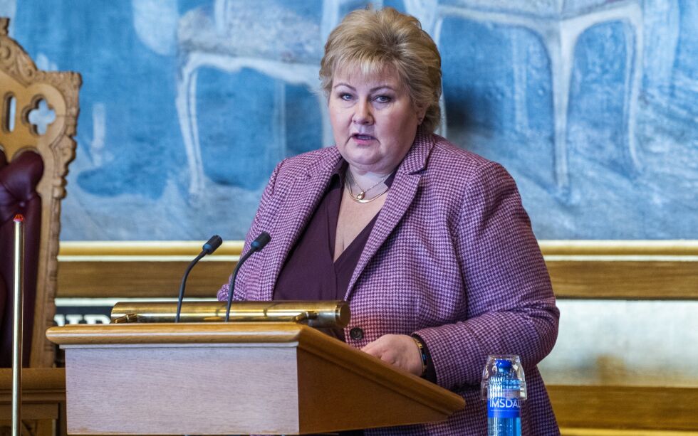 Statsminister Erna Solberg (H) var tirsdag i Stortinget for å redegjøre om koronasituasjonen.
 Foto: Håkon Mosvold Larsen / NTb